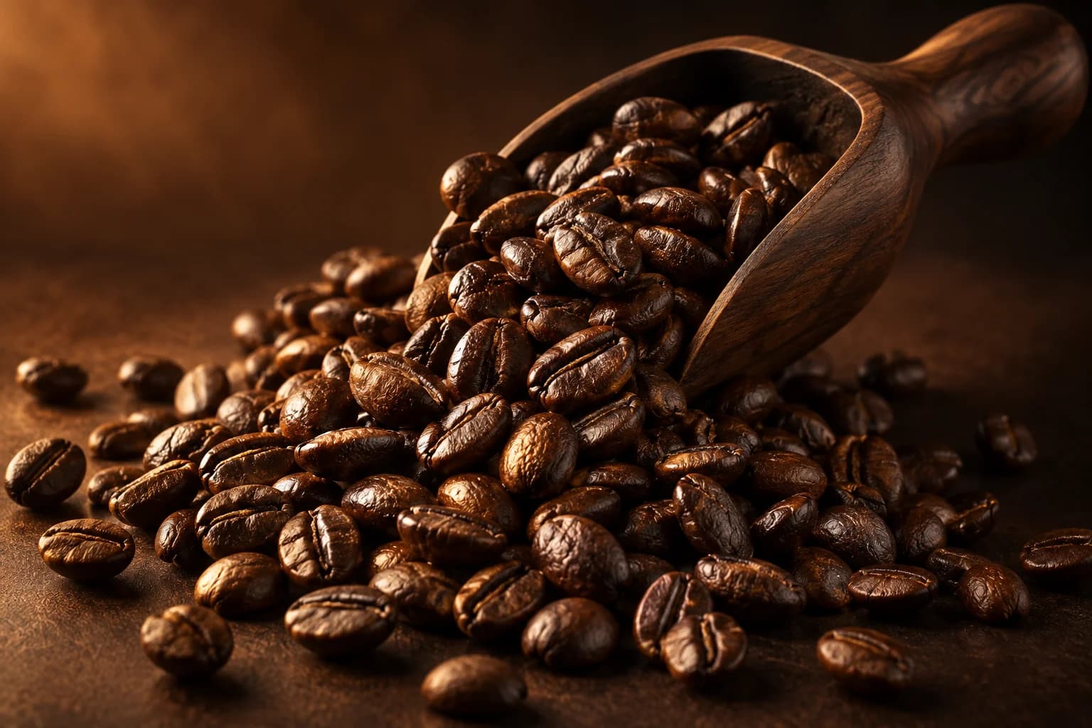 Geröstete Kaffeebohnen in einer Holzschaufel