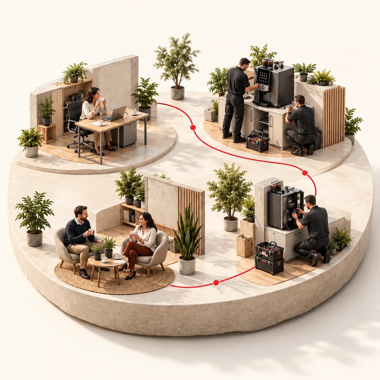 Vier Szenen zeigen Kaffeewunsch, Installation, Wartung und gemeinsame Kaffeepause als Modell.