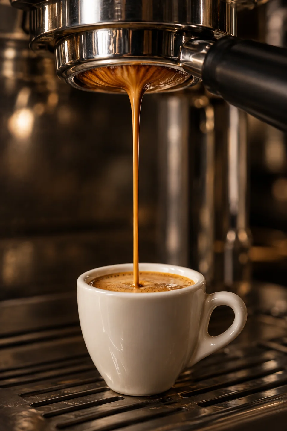 Goldbrauner Espresso fließt aus einem Siebträger in eine Tasse