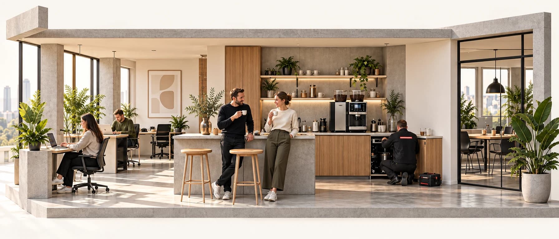Büromodell mit Kaffeestation, Service und Kollegen bei einer gemeinsamen Pause.