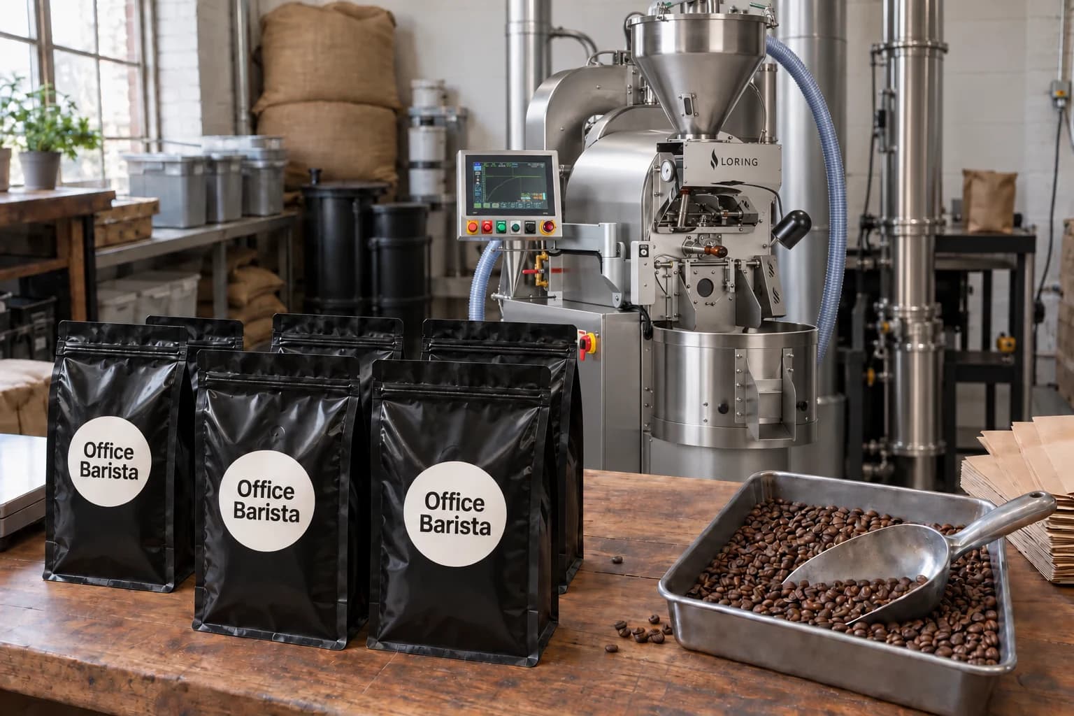 Kaffeerösterei mit Röster und frisch gerösteten Bohnen